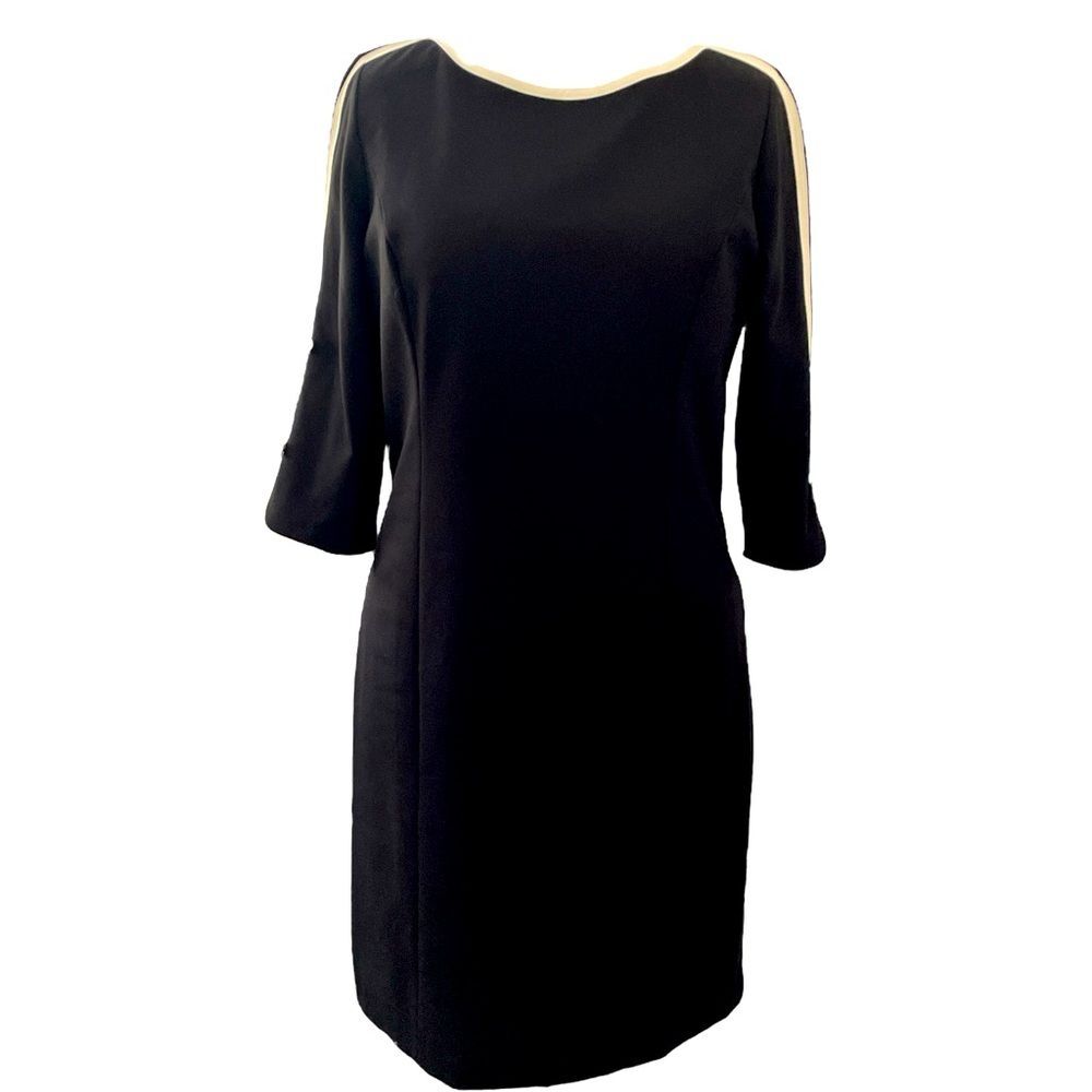 Talbots Black and White trim, 3/4 sleeve fitted midi dress, bow detail, Sz 12